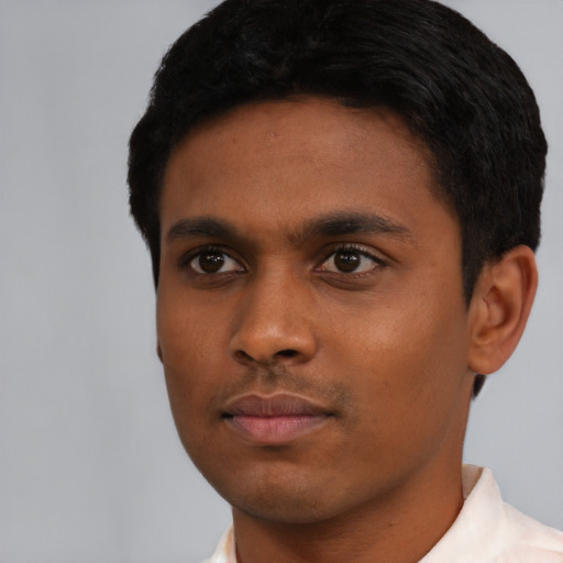 Neutral black young-adult male with short  black hair and brown eyes