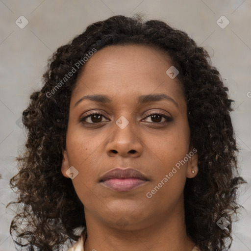 Neutral black young-adult female with medium  brown hair and brown eyes