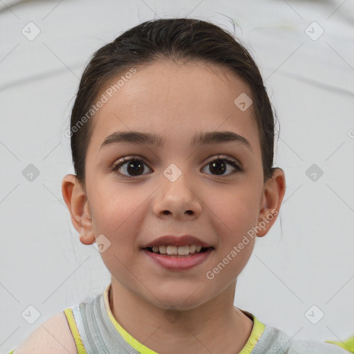 Joyful white child female with short  brown hair and brown eyes