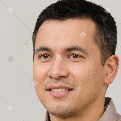 Joyful white young-adult male with short  brown hair and brown eyes