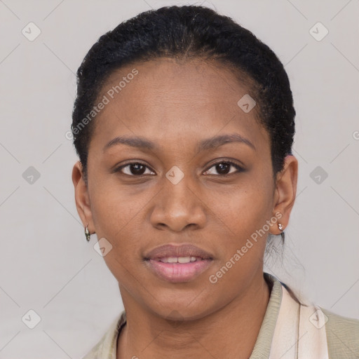 Joyful black young-adult female with short  brown hair and brown eyes