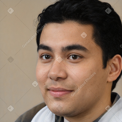 Neutral white young-adult male with short  black hair and brown eyes