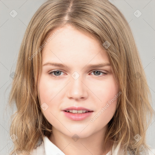 Neutral white young-adult female with medium  brown hair and grey eyes