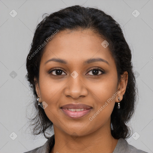 Joyful latino young-adult female with medium  black hair and brown eyes