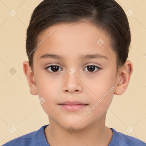 Joyful white child female with short  brown hair and brown eyes