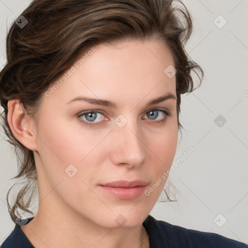 Neutral white young-adult female with medium  brown hair and grey eyes