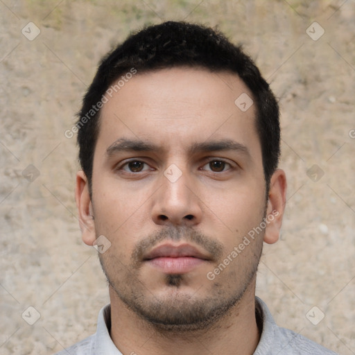 Neutral white young-adult male with short  black hair and brown eyes