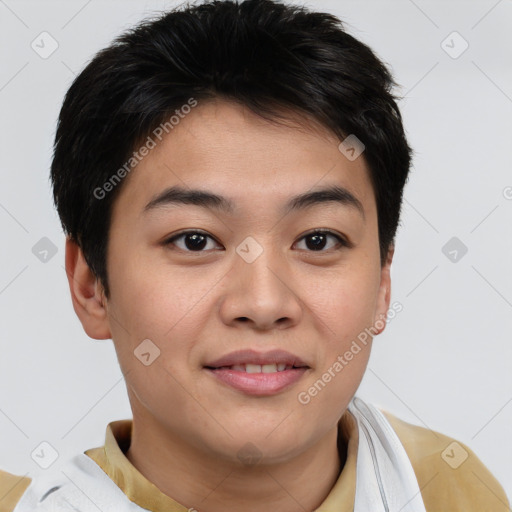 Joyful asian young-adult female with short  brown hair and brown eyes