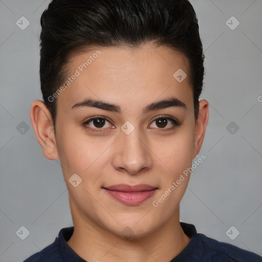 Joyful white young-adult female with short  brown hair and brown eyes