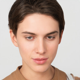 Neutral white young-adult female with short  brown hair and brown eyes