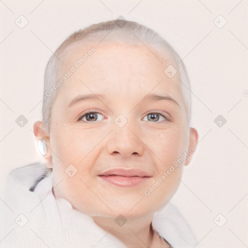 Joyful white young-adult female with short  blond hair and blue eyes