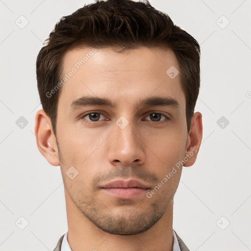 Neutral white young-adult male with short  brown hair and brown eyes