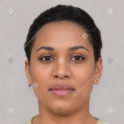 Joyful latino young-adult female with short  brown hair and brown eyes