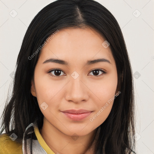 Joyful latino young-adult female with long  brown hair and brown eyes