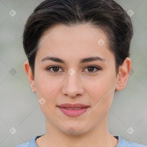 Joyful white young-adult female with short  brown hair and brown eyes