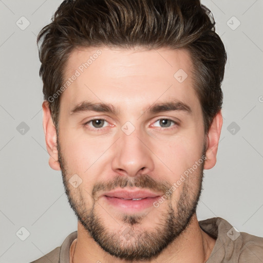 Neutral white young-adult male with short  brown hair and brown eyes