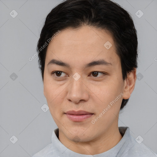 Joyful asian young-adult female with short  brown hair and brown eyes