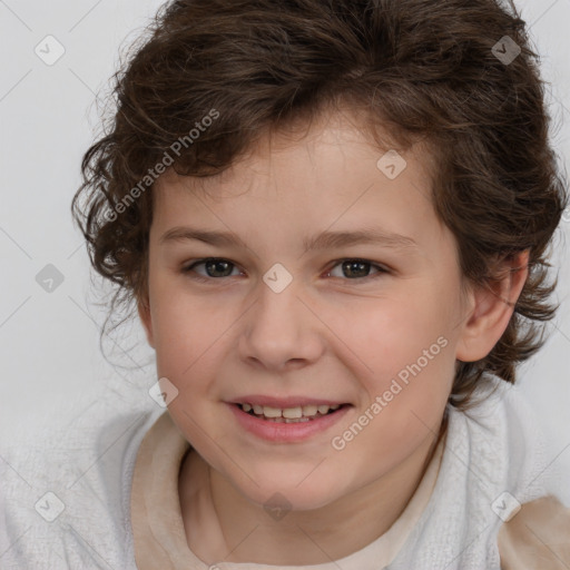 Joyful white child female with medium  brown hair and brown eyes