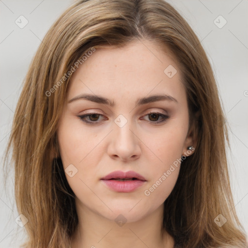 Neutral white young-adult female with medium  brown hair and brown eyes