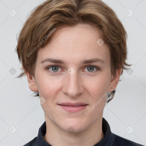 Joyful white young-adult female with short  brown hair and grey eyes