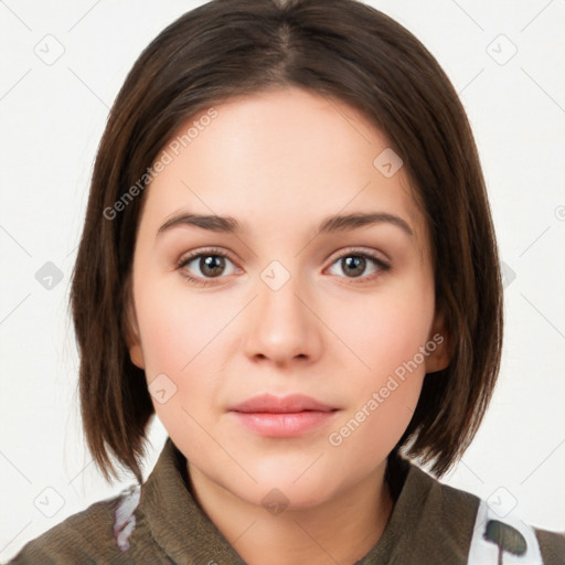 Neutral white young-adult female with medium  brown hair and brown eyes