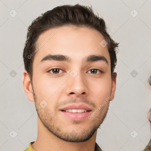 Neutral white young-adult male with short  brown hair and brown eyes