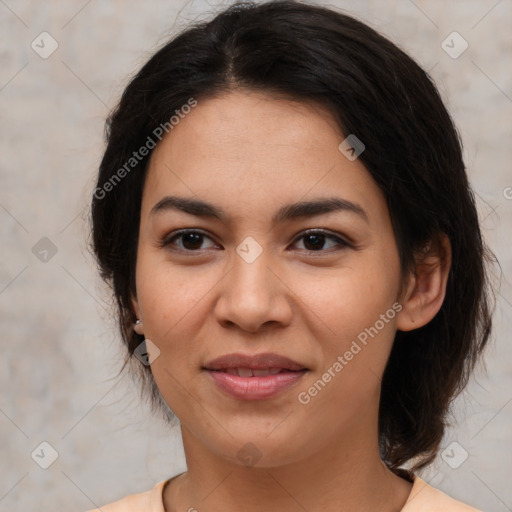 Joyful white young-adult female with medium  brown hair and brown eyes