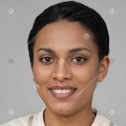 Joyful latino young-adult female with short  brown hair and brown eyes