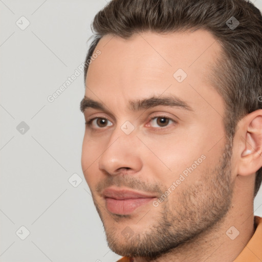 Neutral white young-adult male with short  brown hair and brown eyes