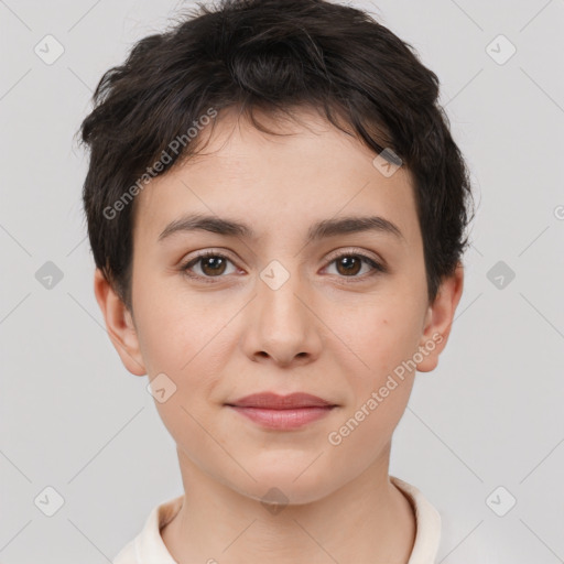 Joyful white young-adult female with short  brown hair and brown eyes