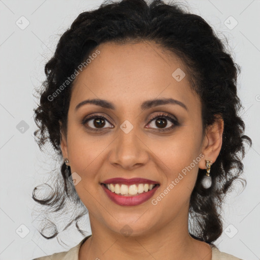 Joyful latino young-adult female with long  brown hair and brown eyes