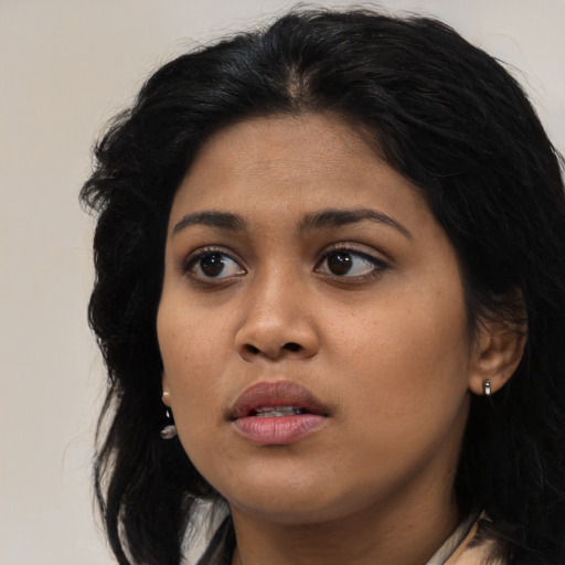 Neutral asian young-adult female with long  black hair and brown eyes