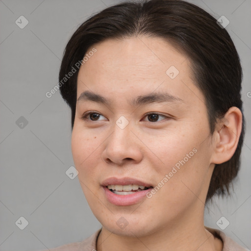 Joyful white young-adult female with medium  brown hair and brown eyes