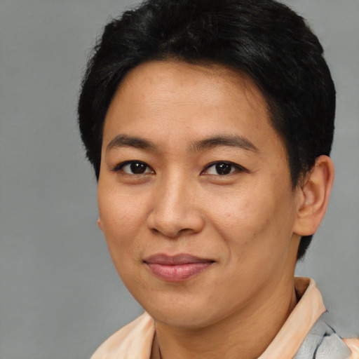 Joyful asian adult female with short  brown hair and brown eyes