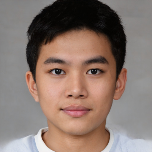 Neutral asian young-adult male with short  brown hair and brown eyes