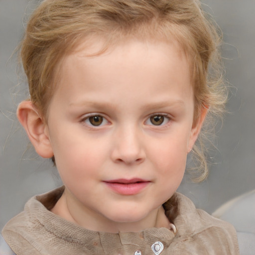 Joyful white child female with short  brown hair and grey eyes