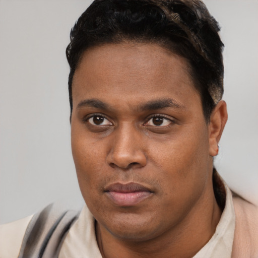 Neutral black young-adult male with short  brown hair and brown eyes