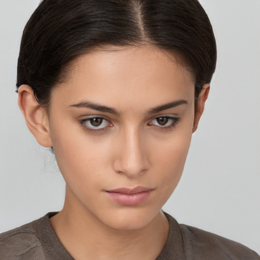 Neutral white young-adult female with short  brown hair and brown eyes