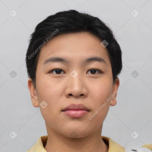Neutral asian young-adult male with short  black hair and brown eyes