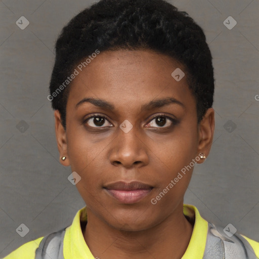 Neutral black young-adult female with short  black hair and brown eyes