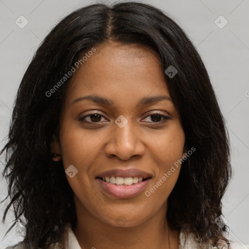 Joyful black young-adult female with medium  brown hair and brown eyes