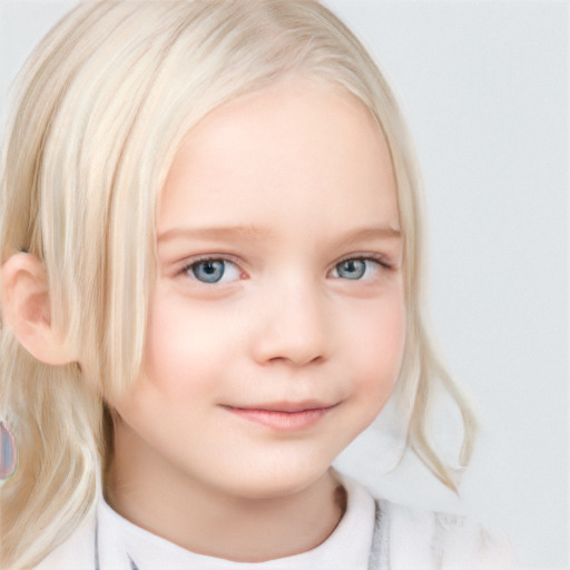 Joyful white child female with medium  blond hair and blue eyes