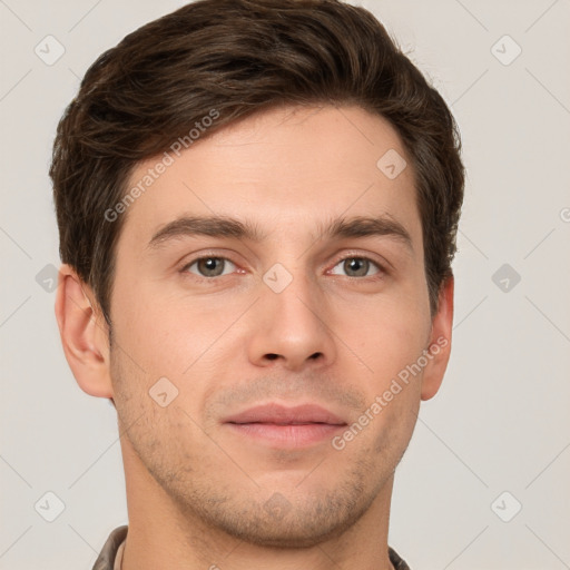 Neutral white young-adult male with short  brown hair and grey eyes