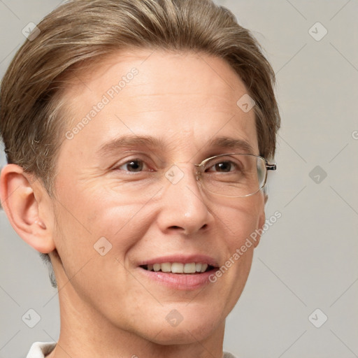 Joyful white adult male with short  brown hair and grey eyes