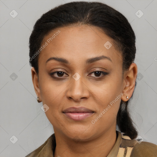 Joyful latino young-adult female with short  brown hair and brown eyes