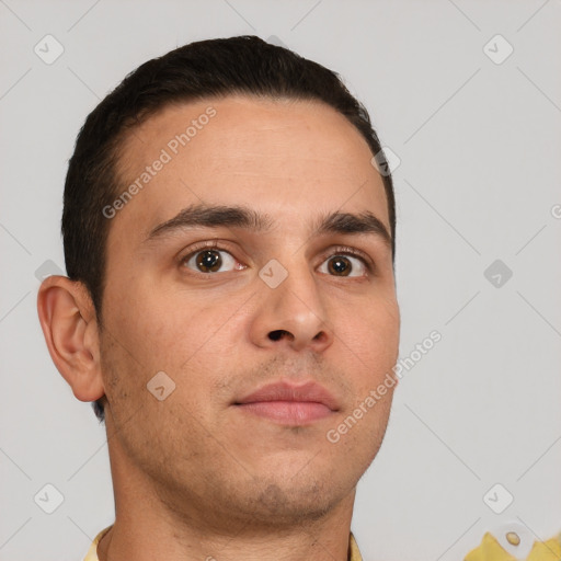 Neutral white young-adult male with short  brown hair and brown eyes