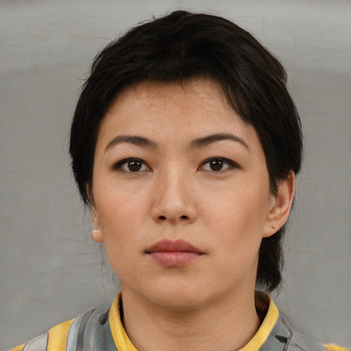 Neutral asian young-adult female with medium  brown hair and brown eyes