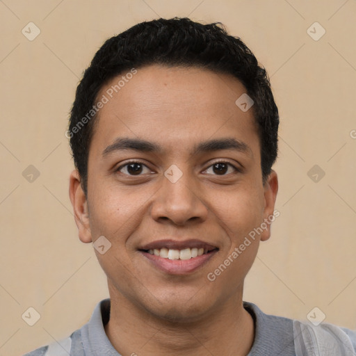 Joyful latino young-adult male with short  black hair and brown eyes