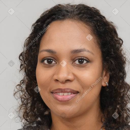 Joyful latino young-adult female with long  brown hair and brown eyes