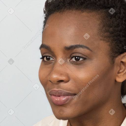 Neutral black young-adult female with short  brown hair and brown eyes